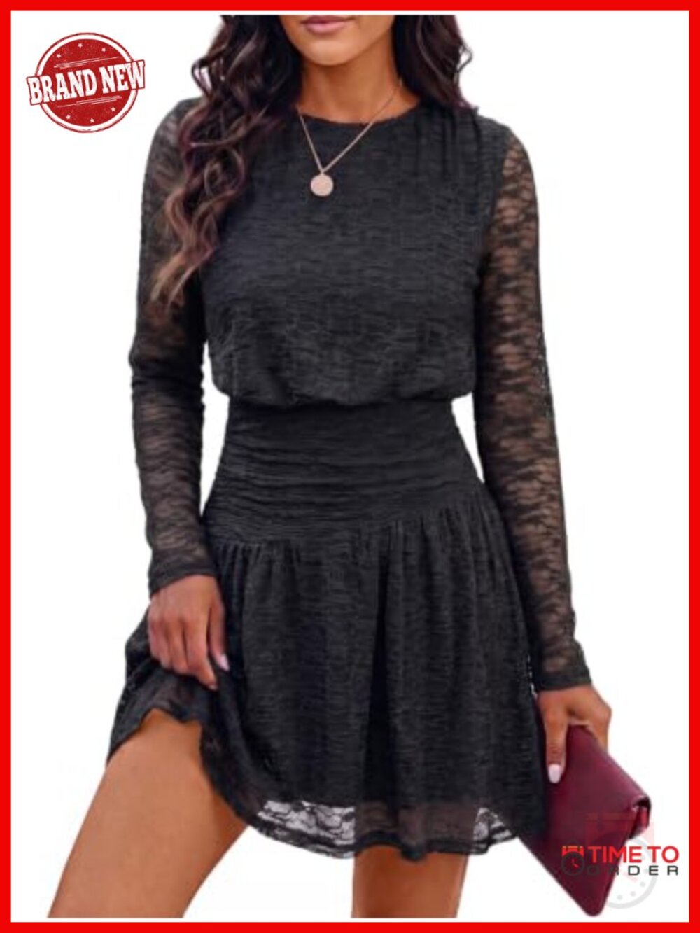 Womens Lace Mini Dress Long Sleeve Ruched Waist A-Line Cocktail Party